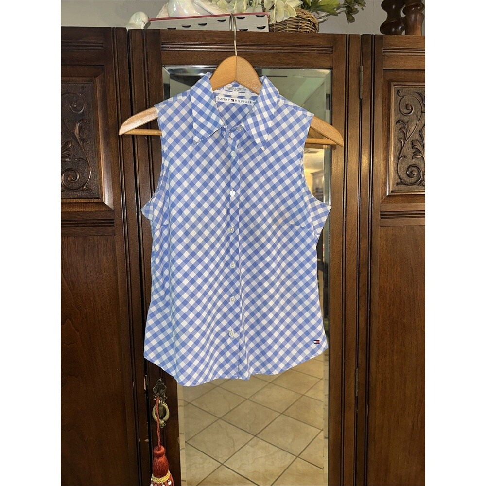 Tommy Hilfiger Women's Sleeveless Top Light Blue & White Gingham Size 10